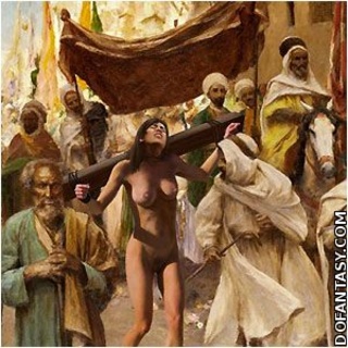 Submission comics. Cruel Emir enjoys his defenseless western slaves in harem!